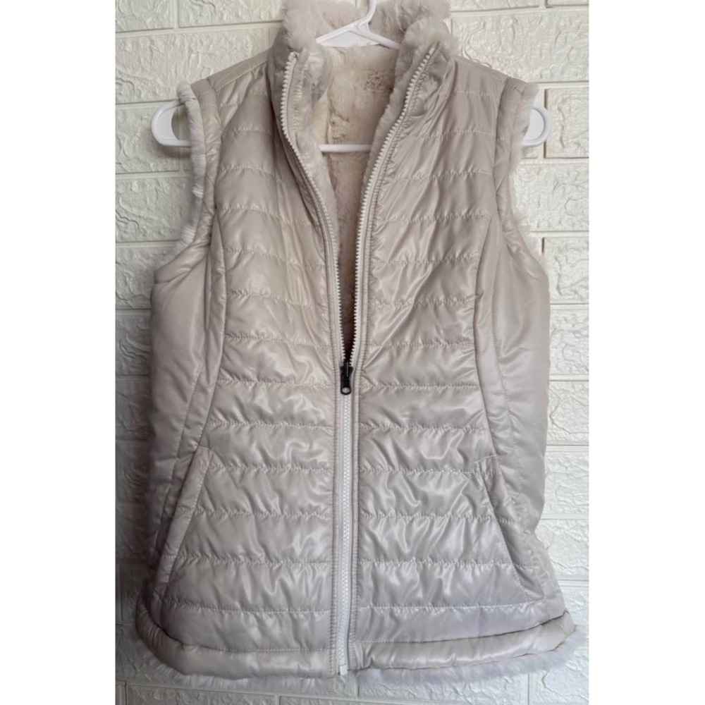 Nicole Miller Womens Faux Fur Reversible Vest Ivory XS Puffer Zip